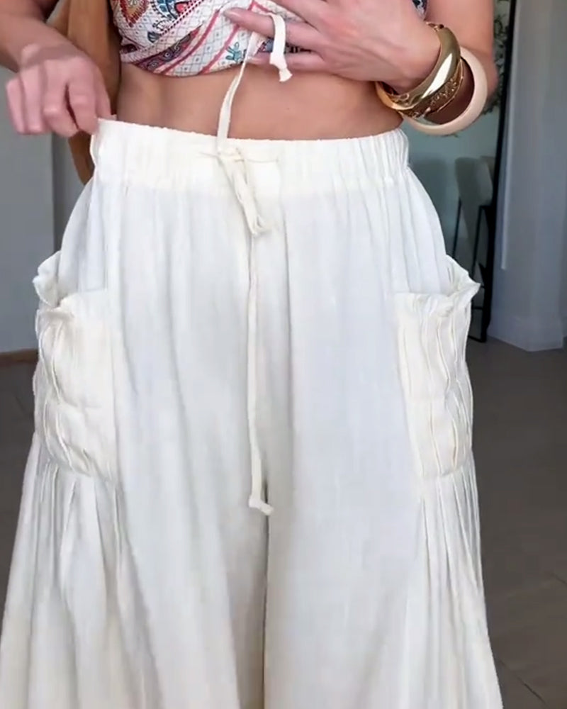 Drawstring Pleated Pocket Wide Leg Pants