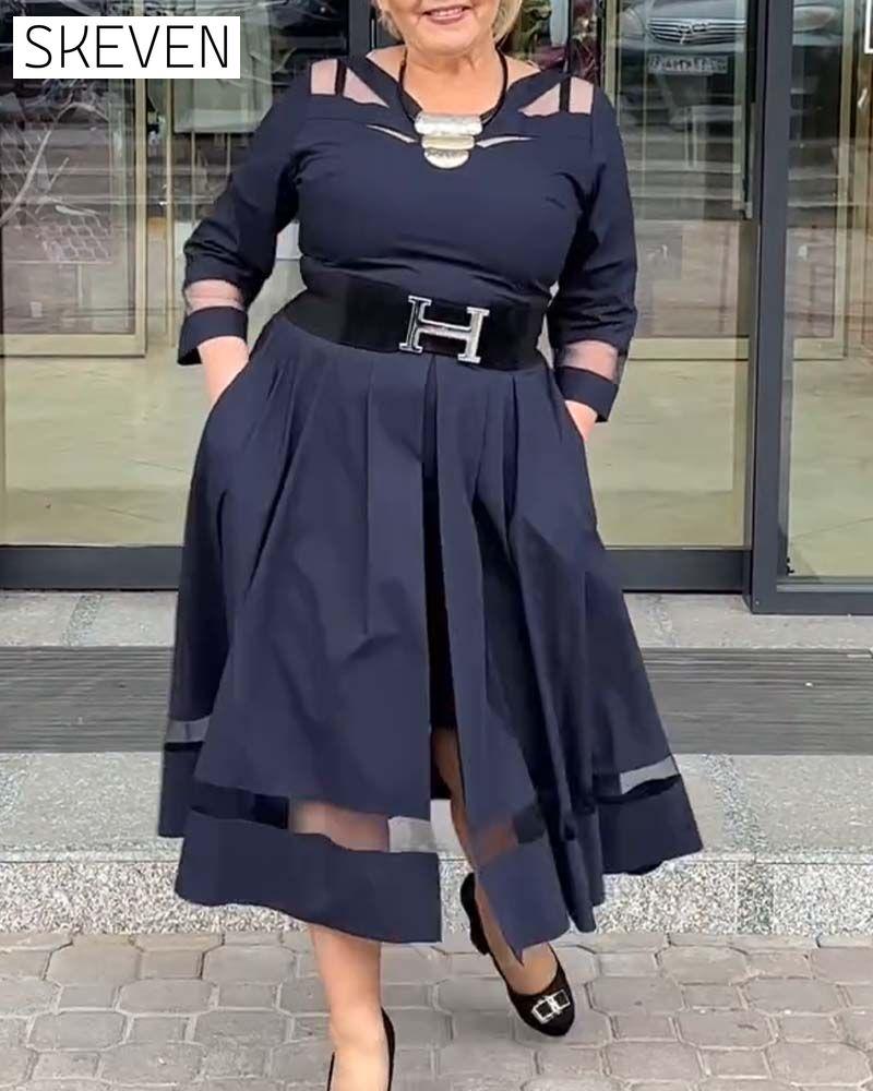 Mesh Round Neck Patchwork Slit Dress 2024 f/w dresses