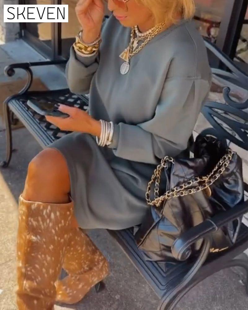 Round neck solid color elegant dress