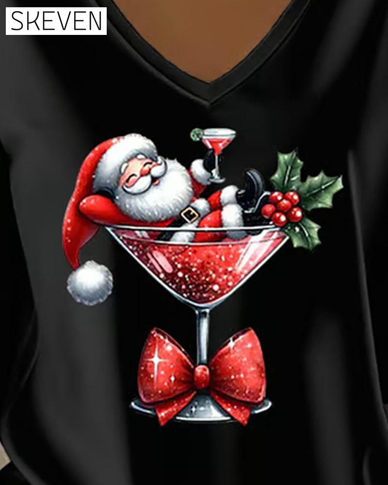 Locker sitzendes Oberteil mit V-Ausschnitt und Weihnachtsmotiv (Weihnachtsweinglas-Print)