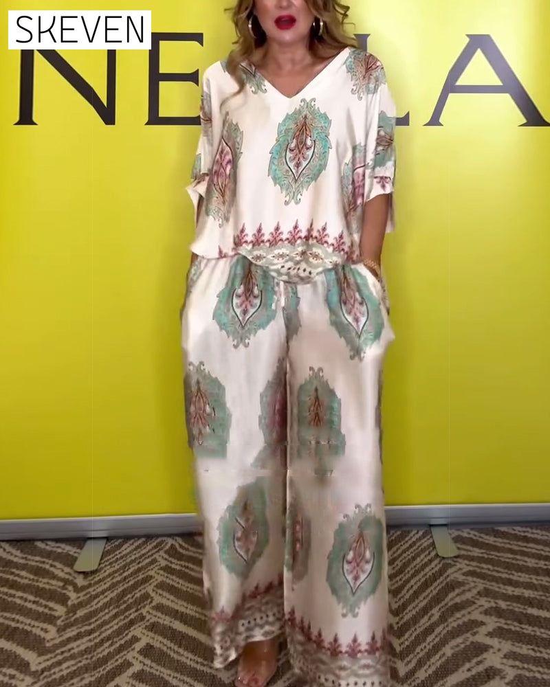 Temperament V-Neck Cashew Flower Wide-Leg Set