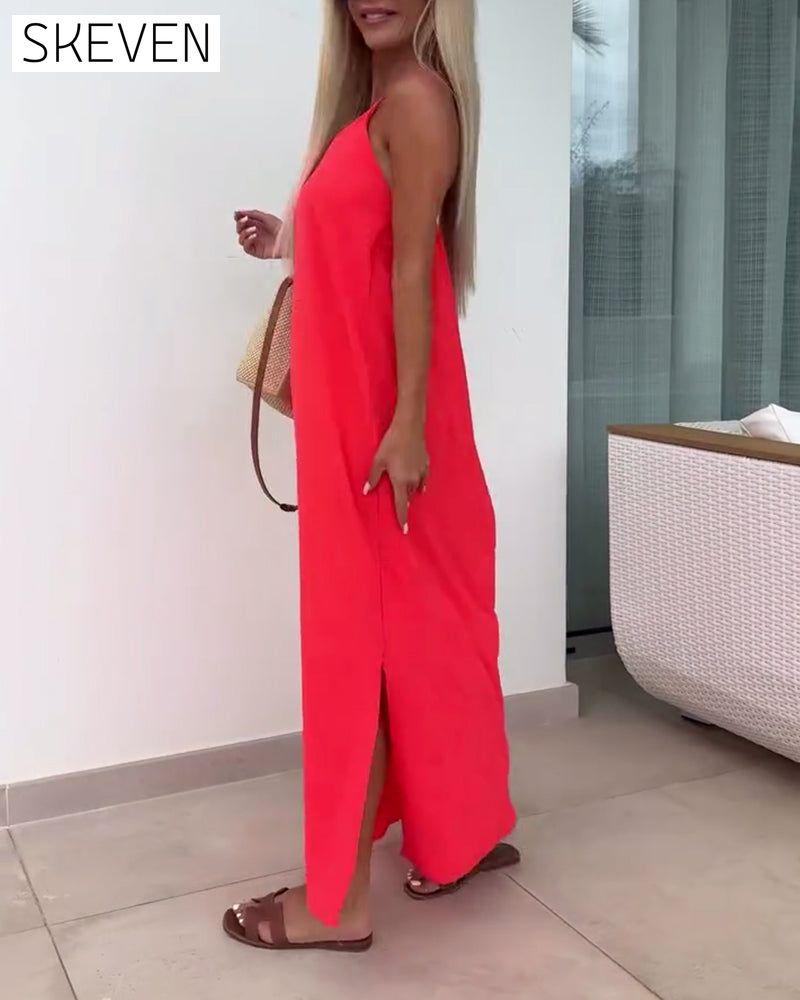 Ärmelloses, trägerloses, einfarbiges Kleid mit Schlitz