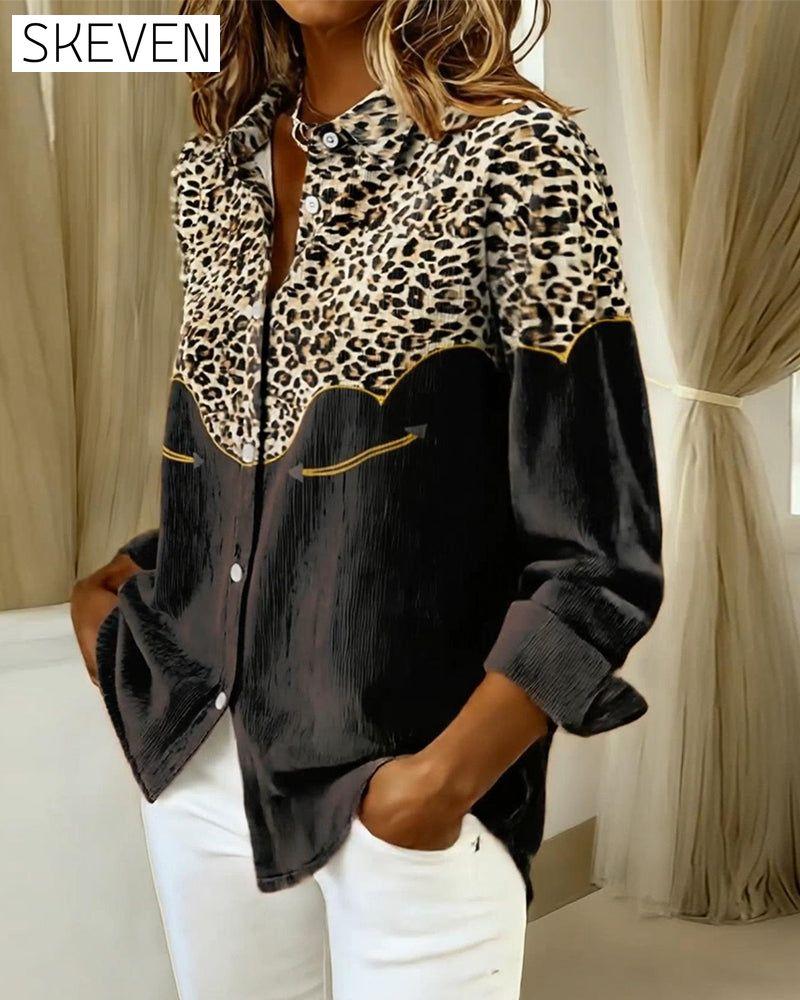 Leopard Print Color Block Lapel Shirt