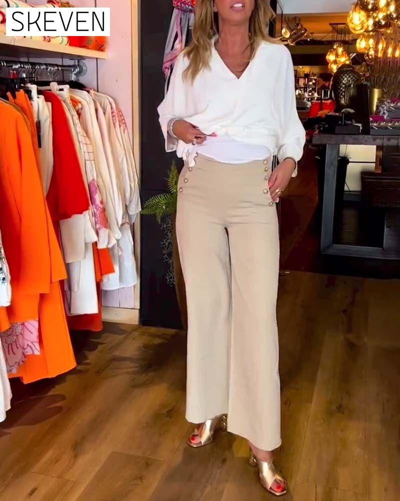 Tie Solid Color V-Neck Blouse