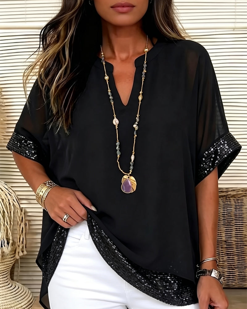 Sequin Patchwork Sheer Loose Blouse