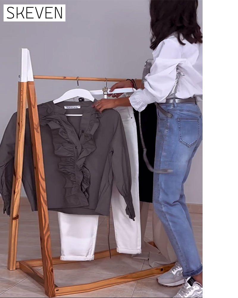 Solid color ruffled stand collar blouses