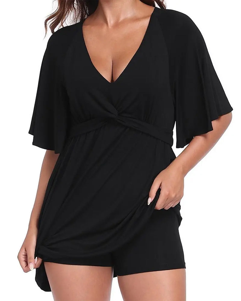 V-Neck Waist-Cinching Romper Dress