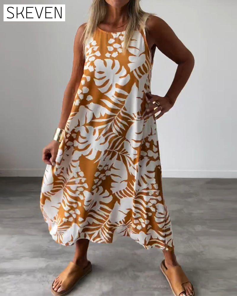 Leaf print casual sleeveless dress