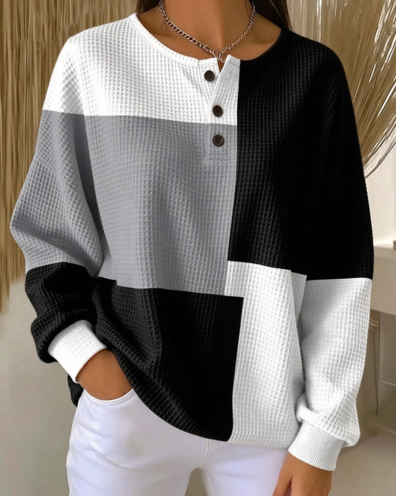 Crew Neck Button Color-Block Top