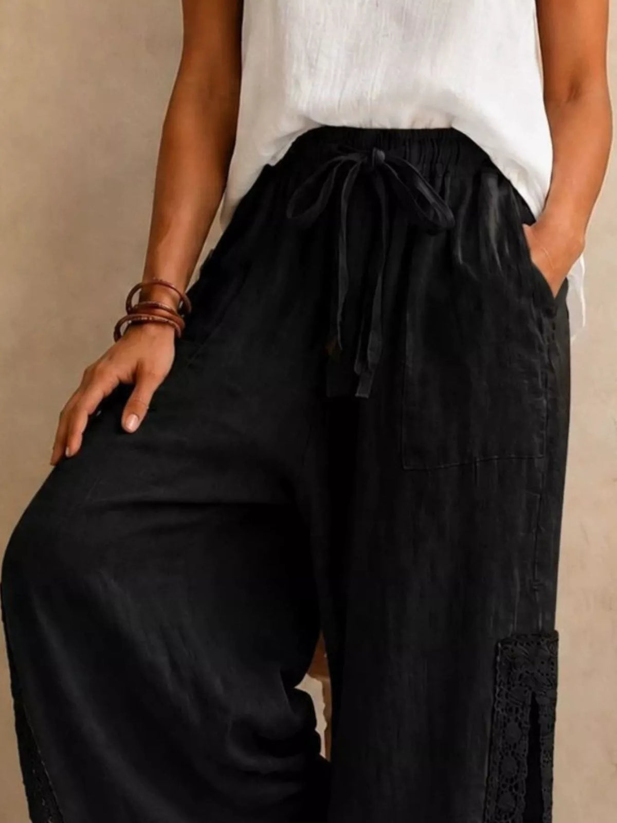 Lace Detail Slit Wide Leg Pants
