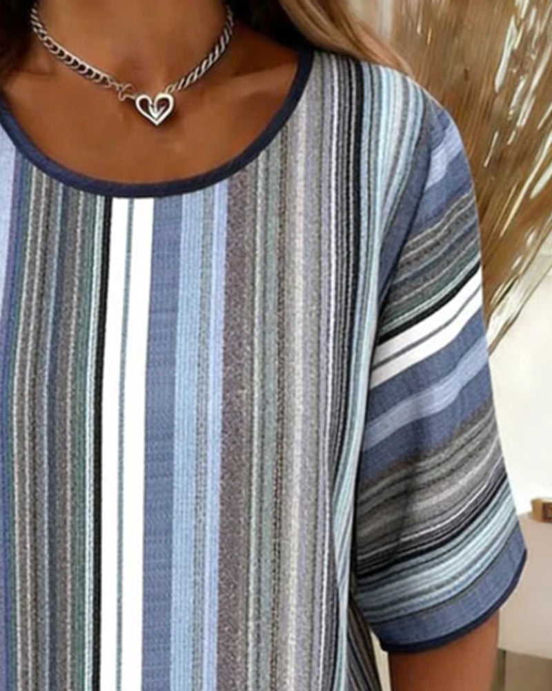 Crew Neck Striped Color-Block Blouse