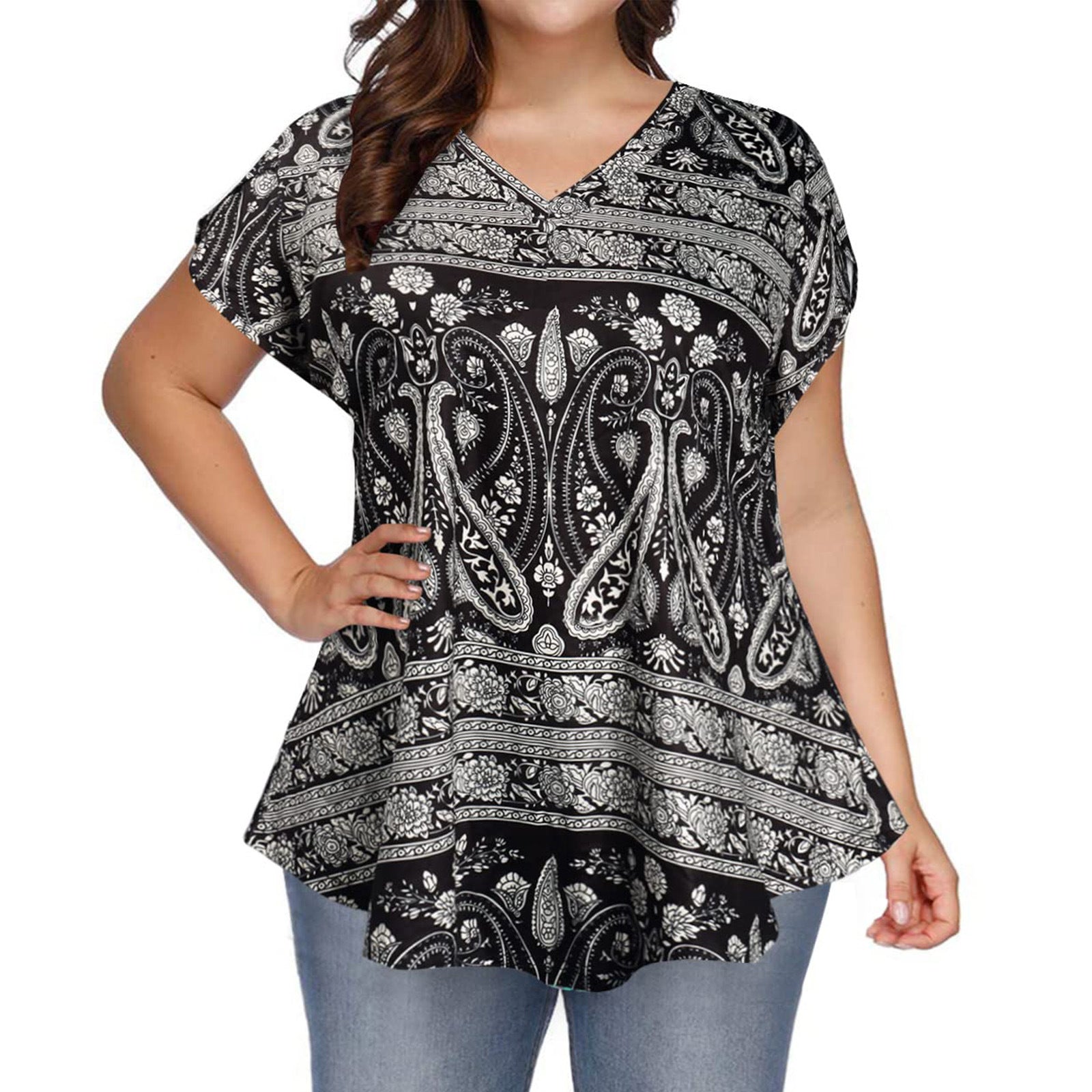 V-neck Relaxed-fit Petal-sleeve Short Sleeves