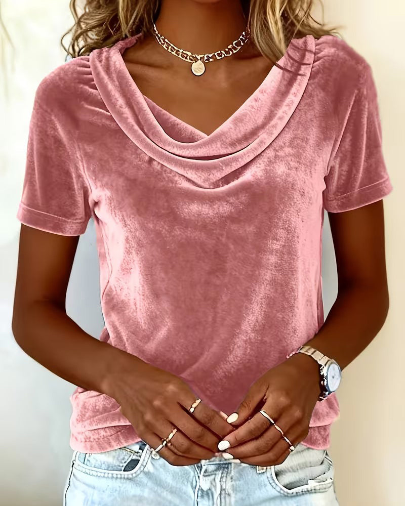 Draped Neck Short Sleeve Velvet T-shirt