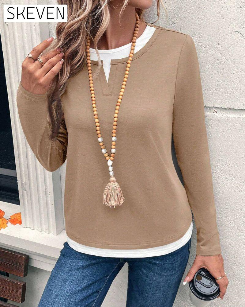 Long-Sleeved Fake Two-Piece Solid Color Top