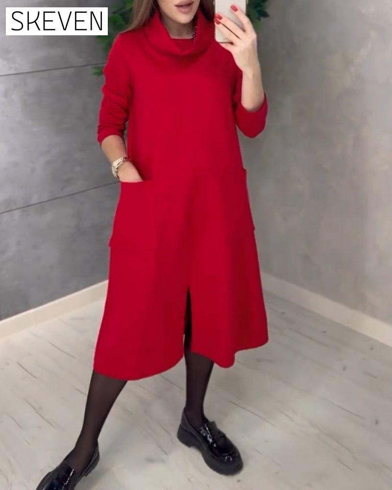 Solid color turtleneck pocket dress