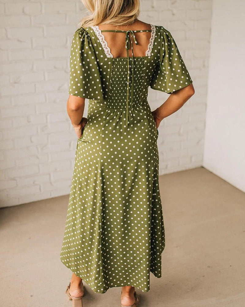 Lace Polka-Dot V-Neck Dress