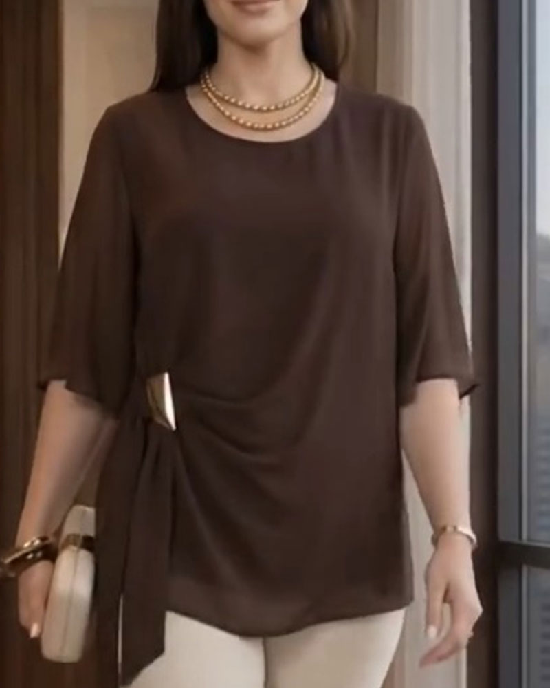 Crew Neck Shirred Casual Blouse