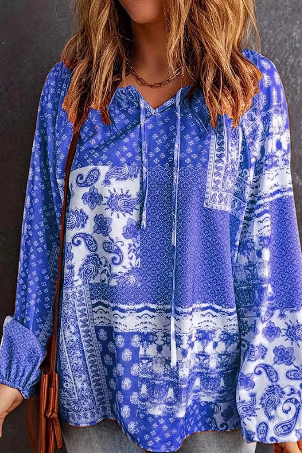 Full Size Paisley Print Tie-Neck Long Sleeve Blouse Plus Size