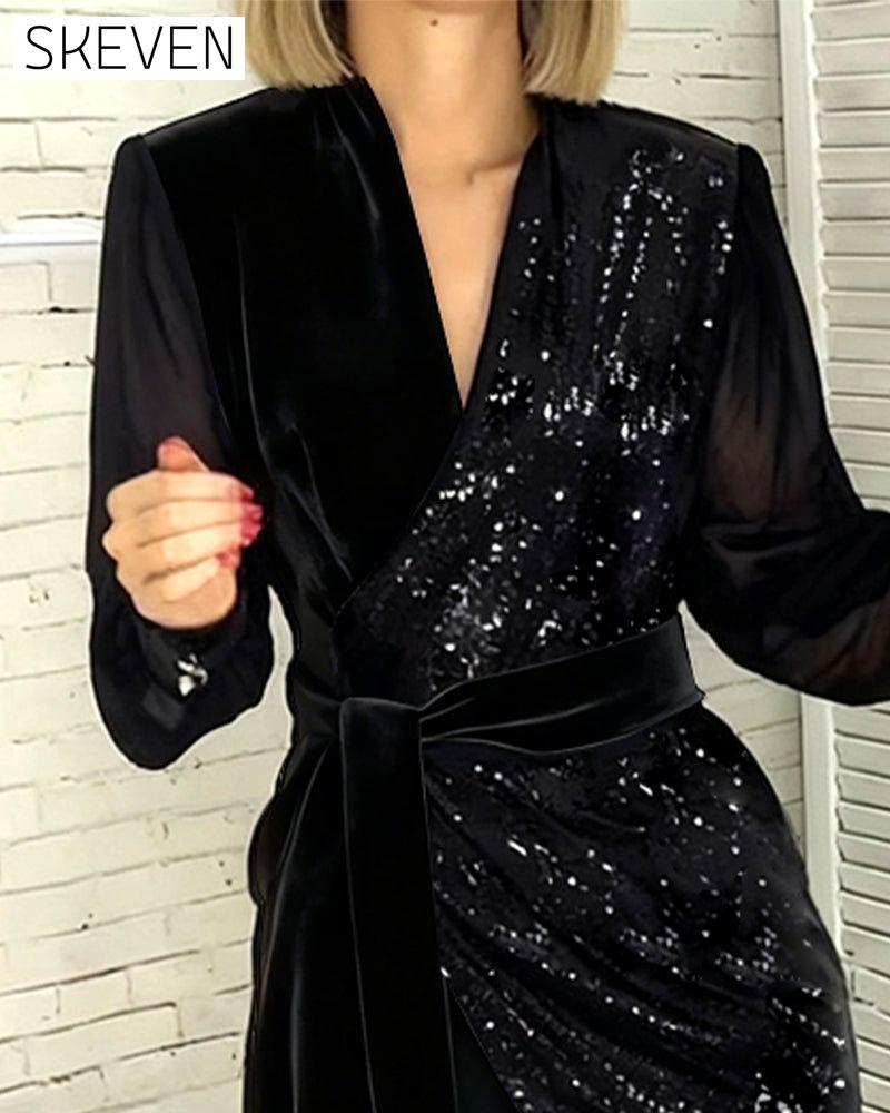 Robe tendance en velours à sequins et col en V