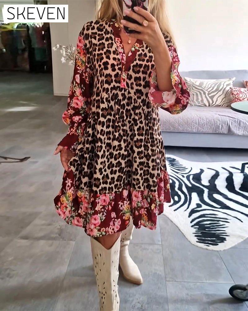 Fashionable leopard floral print bell sleeve dress 2024 f/w casual dresses spring