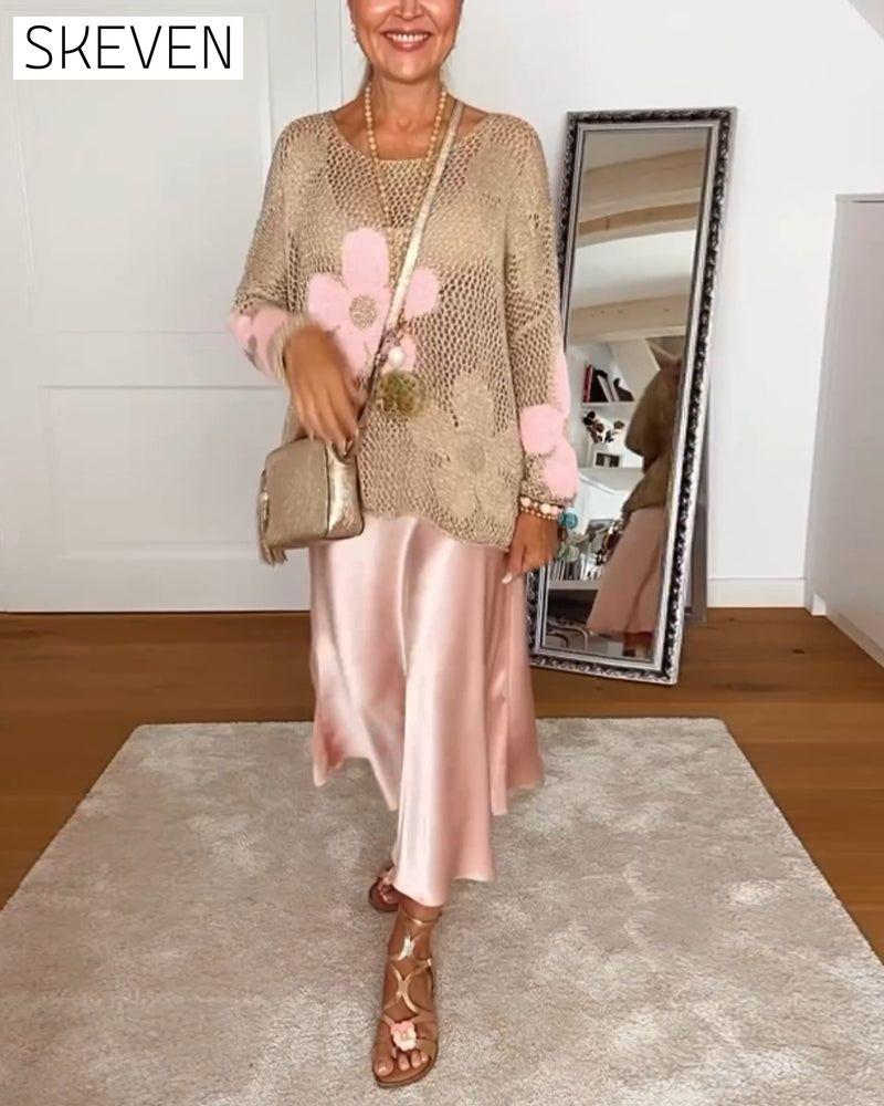 Casual floral round neck long sleeve hollow pullover 2023 f/w 202466 pullovers spring