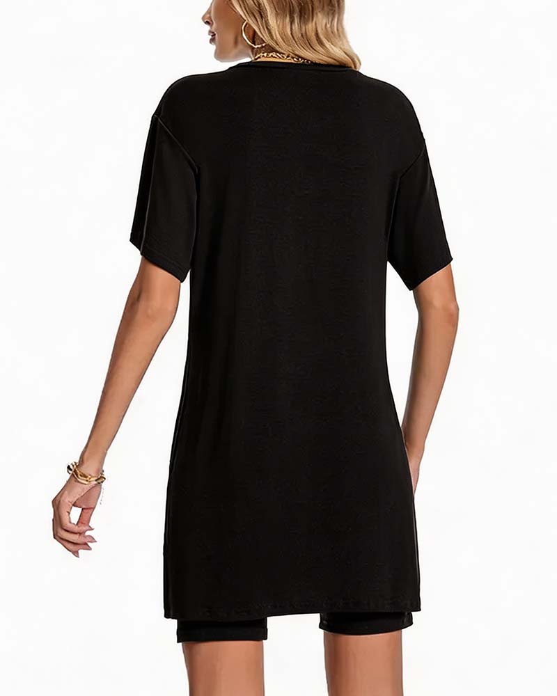 V-Neck Side Split Short Sleeve Set
