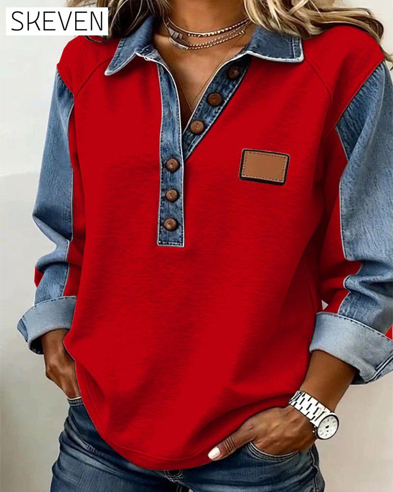 Sweat-shirt à manches longues en patchwork de denim élégant