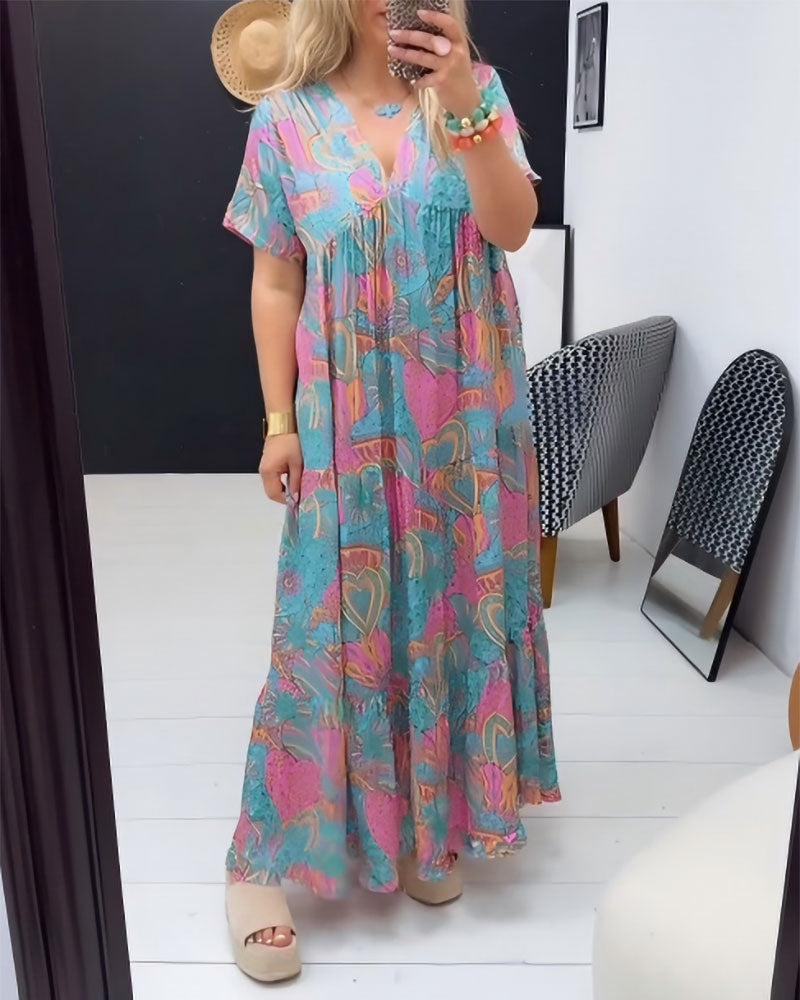 Heart Print V-Neck Maxi Dress