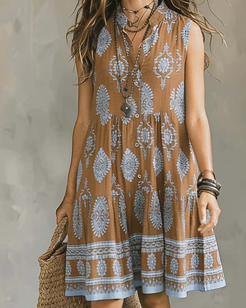 Boho Pattern Sleeveless Short Stand Collar Dress
