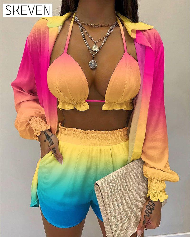 Balloon sleeve shirt bikini three piece set