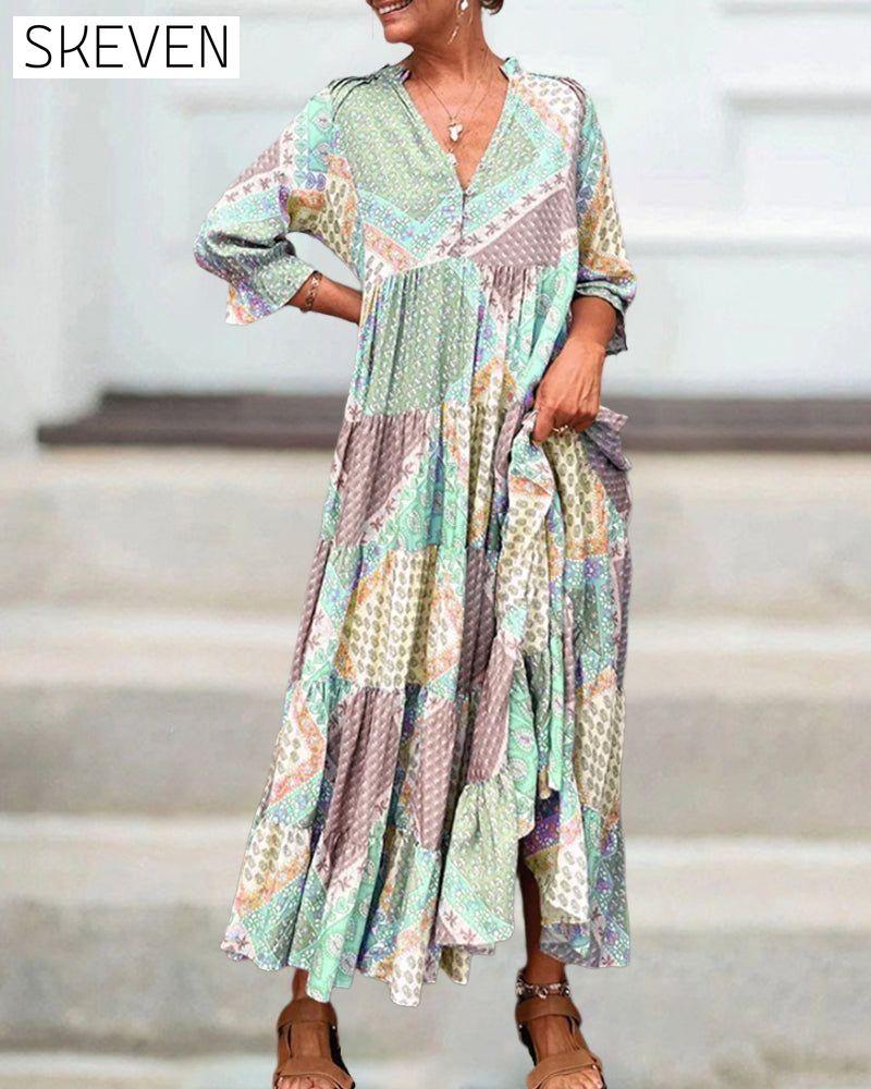 Color Block Print Dress with 3/4 Sleeves 23BF Casual Dresses Clothes Dresses Spring Summer