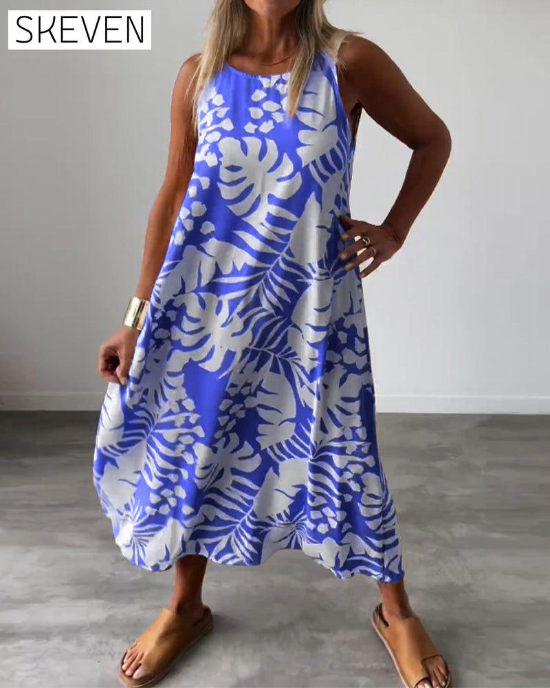 Leaf print casual sleeveless dress