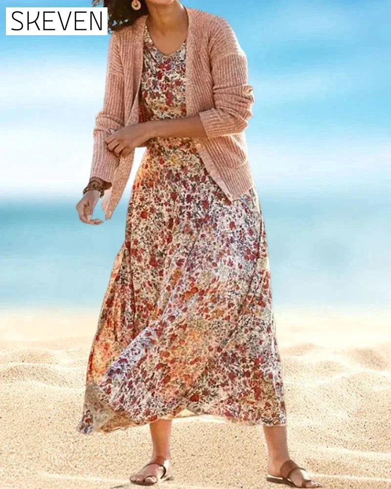 Floral Print Dress with 3/4 Sleeves 23BF Casual Dresses Clothes Dresses