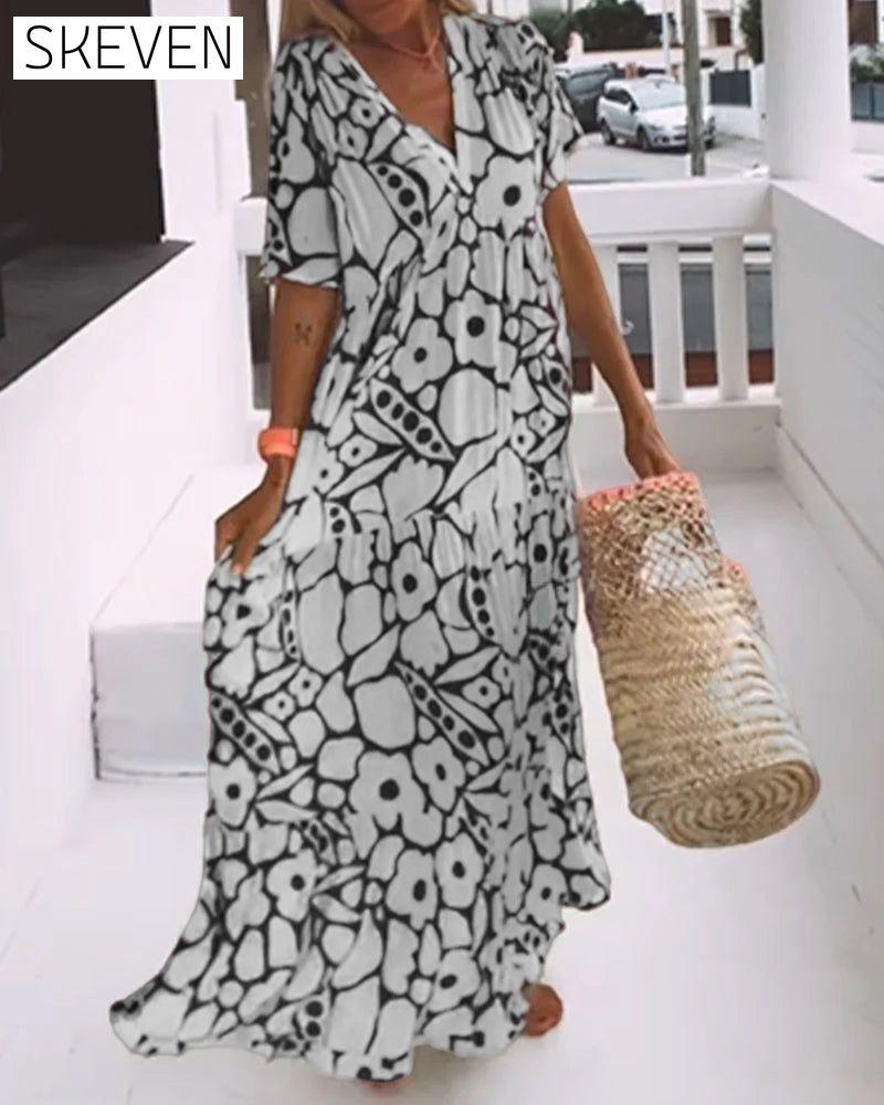 Printed v-neck loose dress Black 23BF Casual Dresses Clothes Dresses Spring Summer