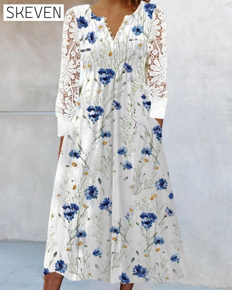 Lace Dress with Floral Print 23BF Casual Dresses Clothes Dresses SALE Spring Summer