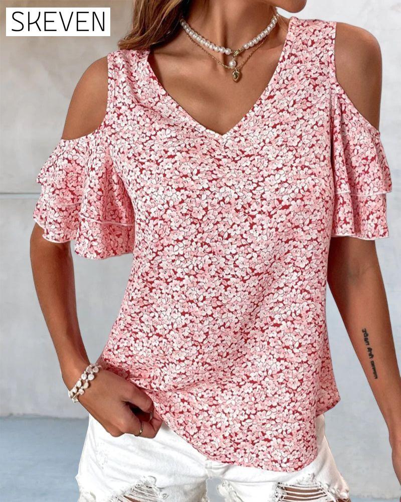 Cold Shoulder Floral Print  T-shirt