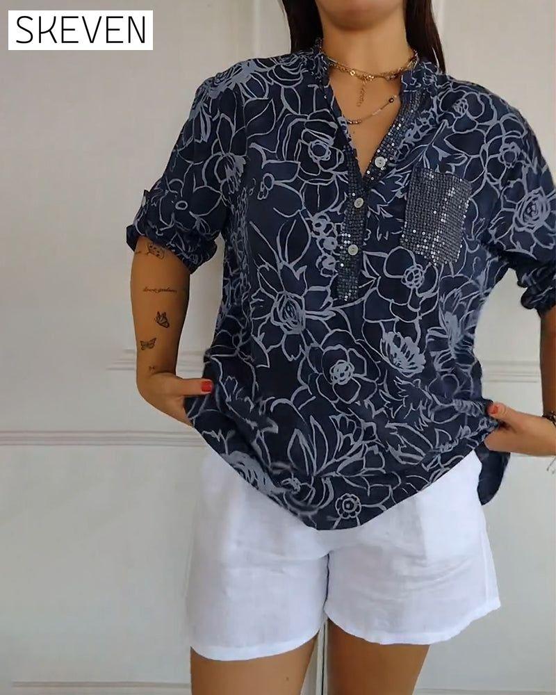 Bedruckte Bluse mit V-Ausschnitt und Knopfleiste
