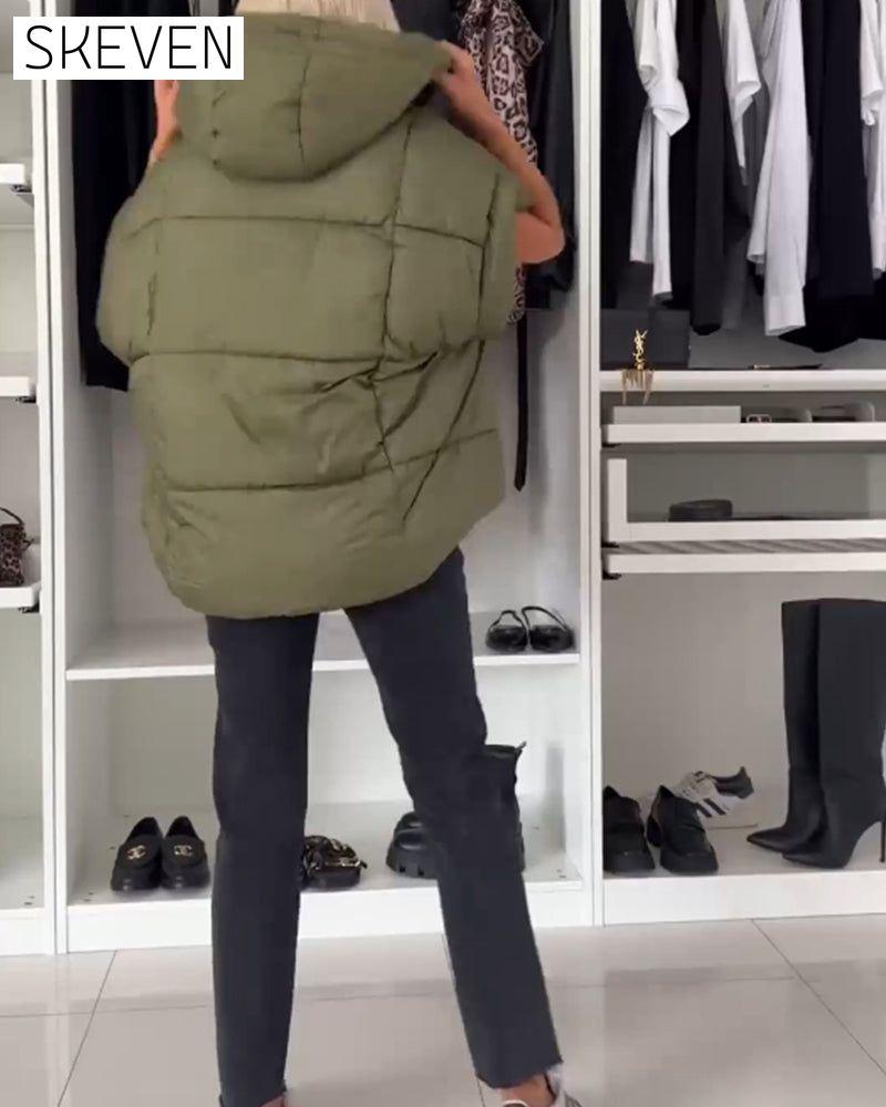 Hooded solid color zipper short sleeve padded jackets
