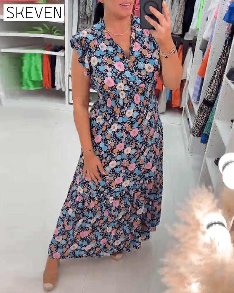 Ärmelloses Kleid mit V-Ausschnitt und Blumenmuster