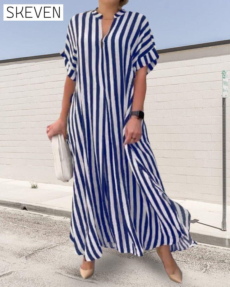 V-neck Shirt Dress in Stripe Print 23BF Casual Dresses Clothes Dresses SALE Spring Summer
