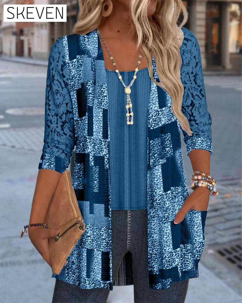 Faux Two-Piece Printed Long-Sleeved Blouse
