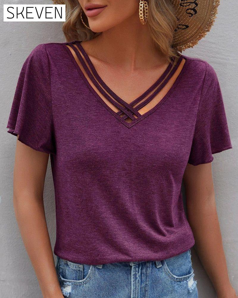 Solid color Cut Out T-shirt Burgundy 23BF clothes Short Sleeve Tops Summer T-shirts Tops/Blouses