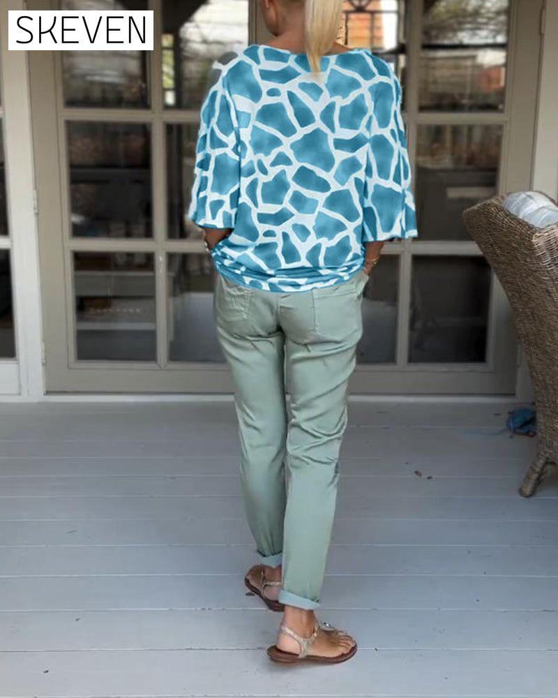 Elegant printed V-neck bat sleeves blouse