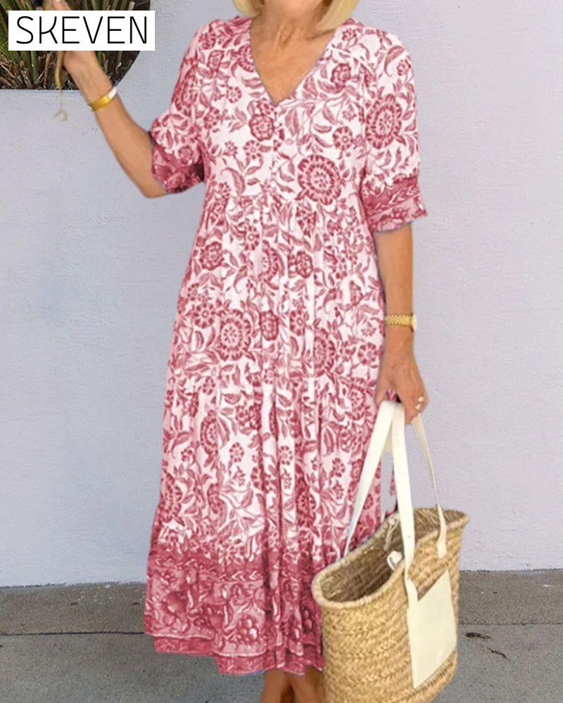 V Neck Blue Floral Print Dress 23BF Casual Dresses clothes dresses Spring Summer