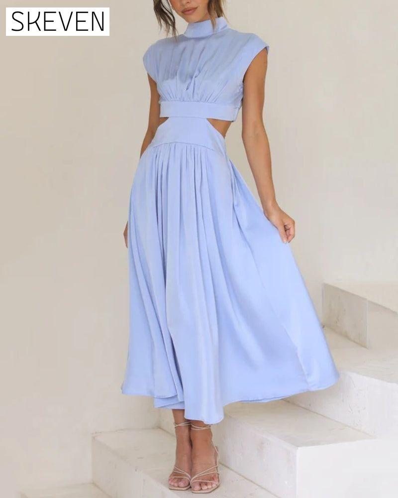 Stand collar off waist solid color long dress Sky blue 23BF Casual Dresses Clothes Dresses Summer