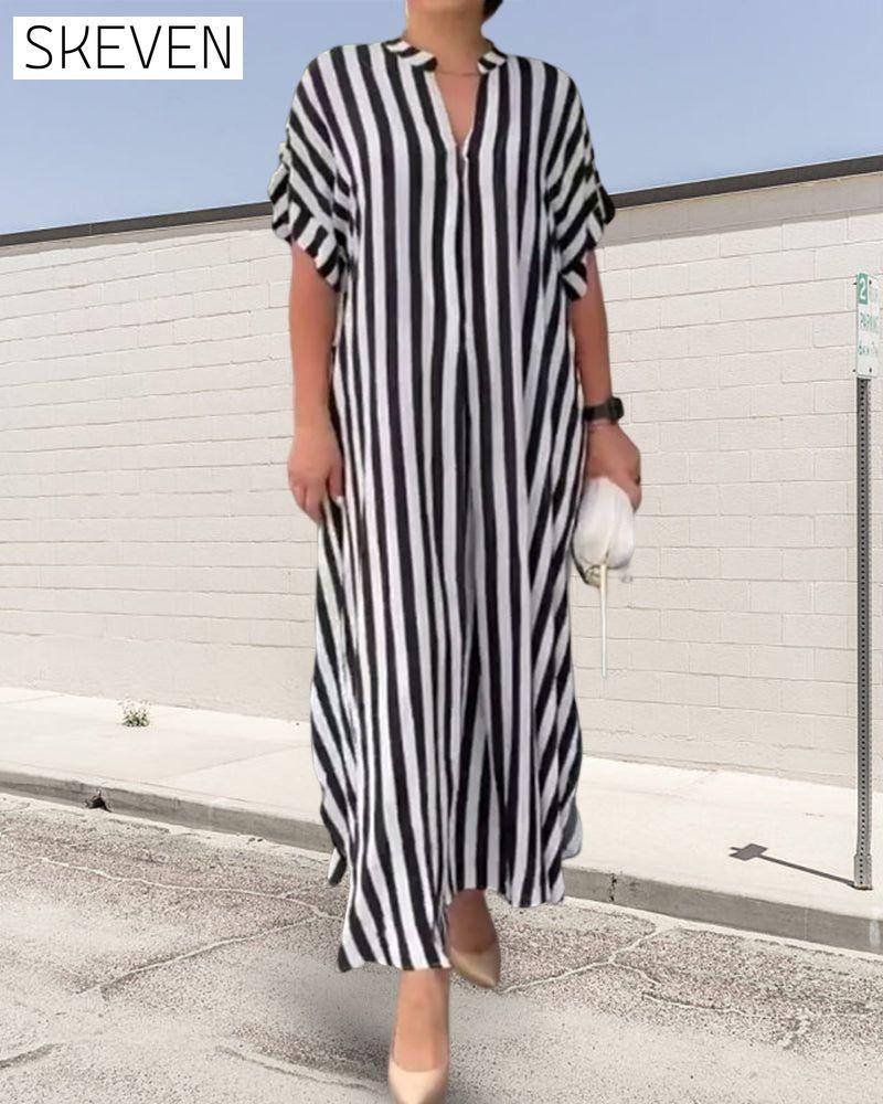 V-neck Shirt Dress in Stripe Print 23BF Casual Dresses Clothes Dresses SALE Spring Summer