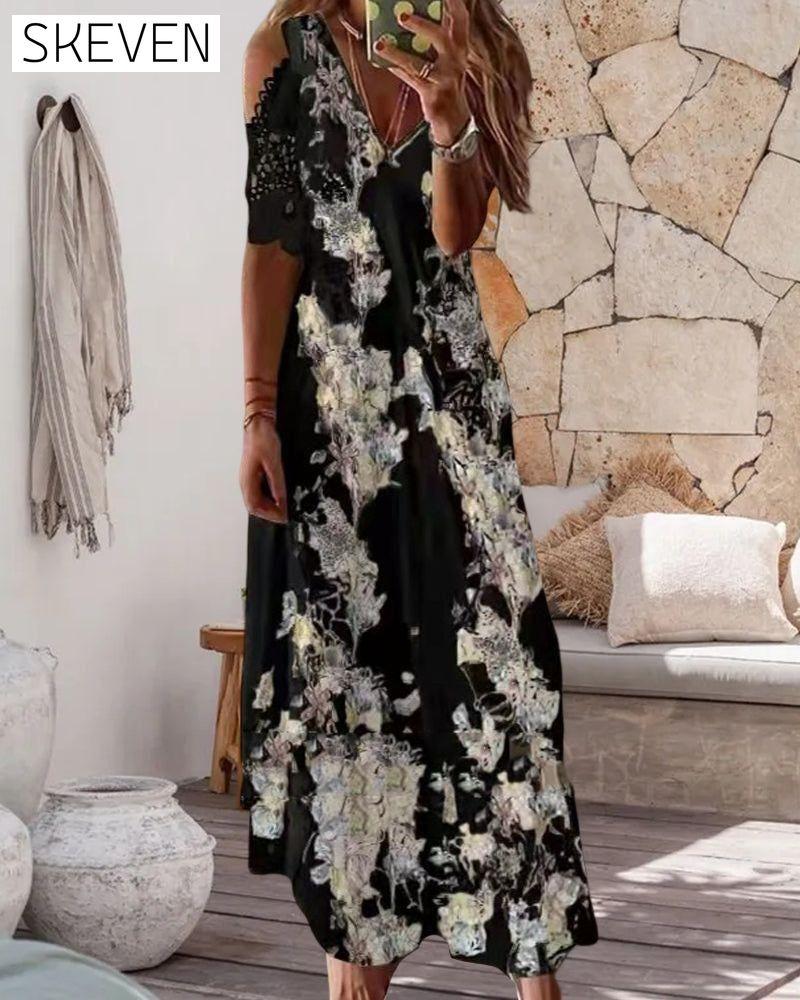 Floral Print Dress with Short Lace Sleeves 23BF Casual Dresses Clothes Dresses Spring Summer Vacation Dresses