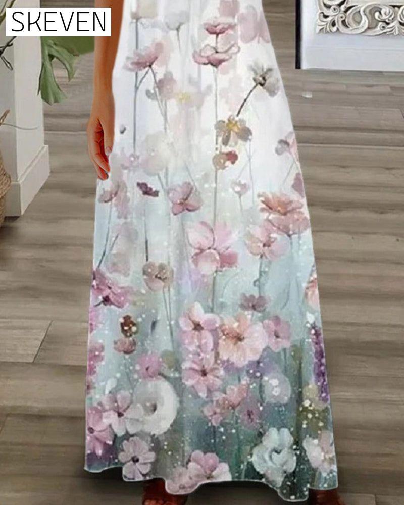 Floral print lace short sleeve long dress 23BF Casual Dresses Clothes Dresses Summer