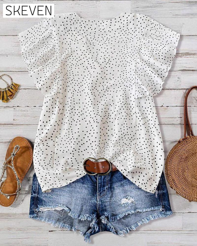 Bluse mit Rüschenärmeln, V-Ausschnitt und Polka-Dots