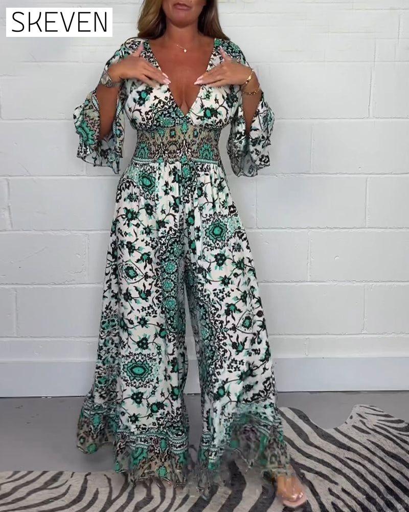 Printed deep V-neck jumpsuit jumpsuits spring summer